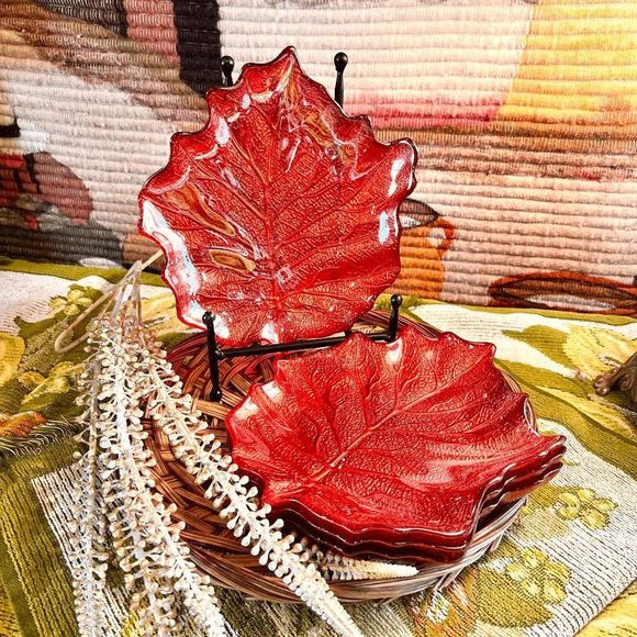 Vintage Set of 2 Iridescent Red Orange Glass Leaf Plates - Picture 1 of 4